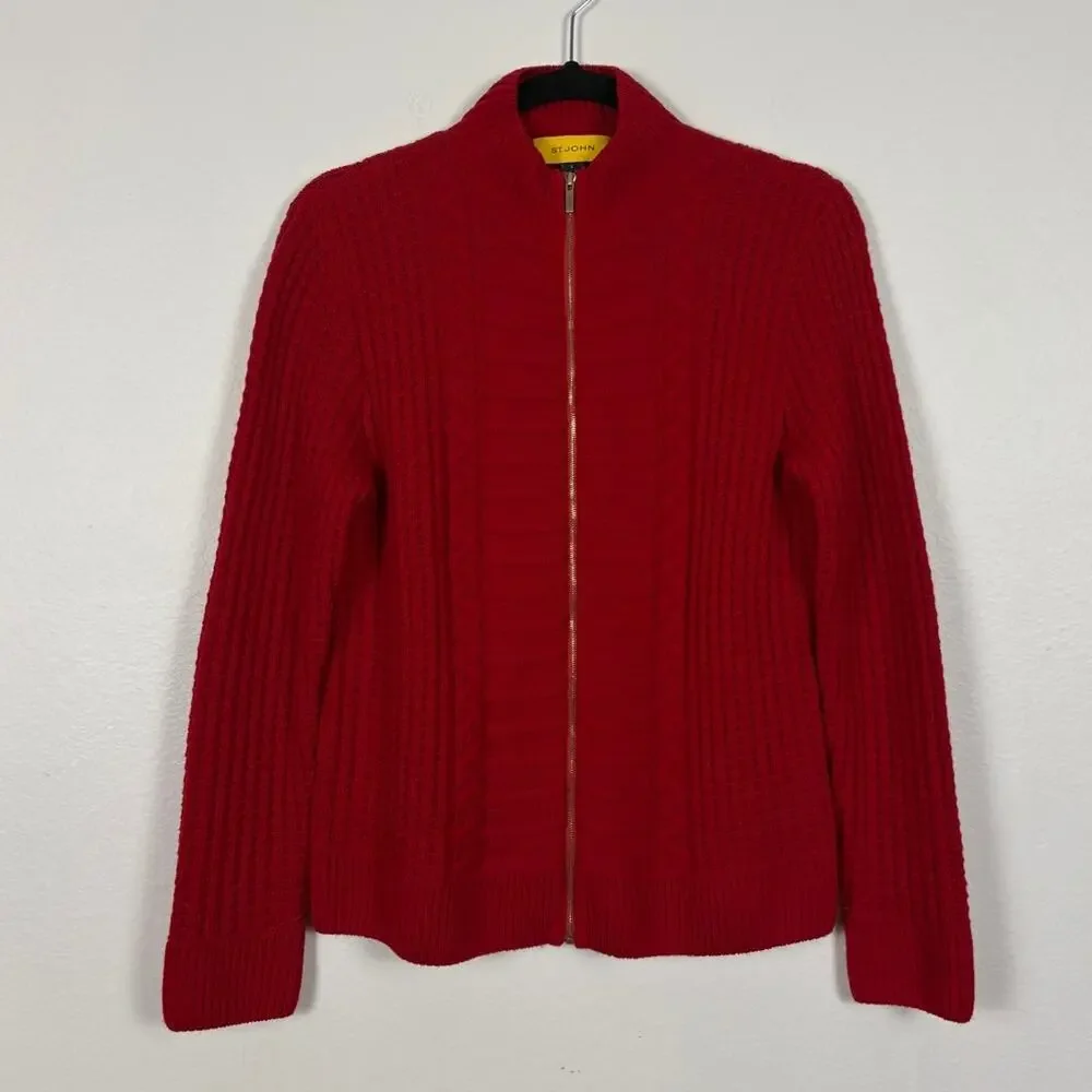 St. John Cable Knit Wool Silk Full Zip Mock Neck Cozy Luxury Sweater Small